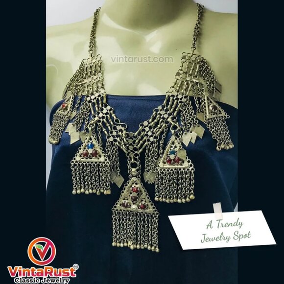 Silver Kuchi Vintage five Dangling Pendants Necklace, Nomadic Gypsy - Picture 4 of 10